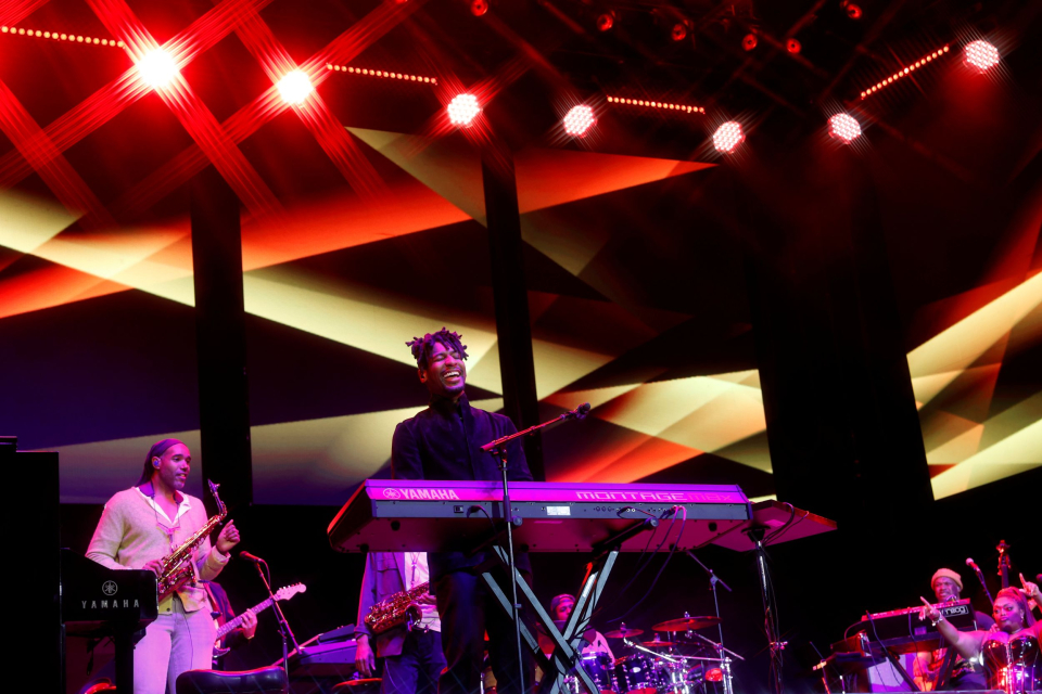 jon batiste plays a yamaha keyboard at the 2025 namm show